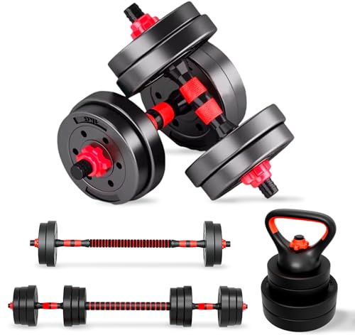 JUPPLIES Juego de Mancuernas Ajustables 4 en 1 + Kettlebell - 10kg 20kg 35kg - Kit de Pesas con Barra Recta Ajustable y Antideslizante - Pesas y Mancuernas Discos Recubiertos - Set de 10 kg