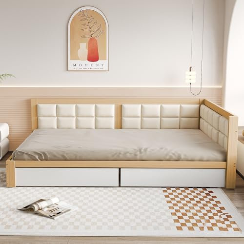 KecDuey Sofabett,Schlafsofa,Holzbett 140x200 Multifunktionsbett, weiche Rückenlehnenform, große Stauraumschubladen, Lattenrost, Einzelbett Kiefer (Holzfarbe)