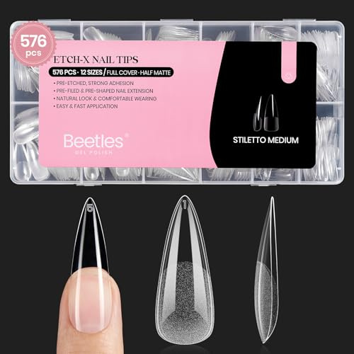 Beetles Gel-Nagelspitzen Stiletto mittel Etch-X, 576 Stück 12 Größen vorgeätzte halbmatte volldeckende weiche Acryl-Nagelspitzen DIY-Nagelverlängerung zum Aufkleben Salongeschenk für Frauen