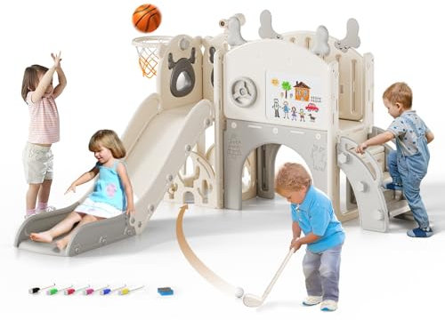 Krovtoy Christmas Elk Theme Toddler Slide,Toddler Slide Freestanding with Basketball Hoop, golf set,Baby Slide Playground Equipment,for in/outdoor use (Beige Grey-6 in 1)
