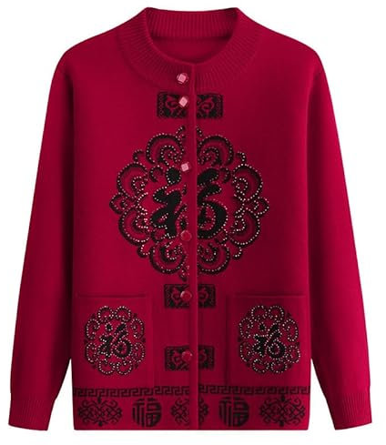 Generisch Strickjacke für Frauen Mittleren Alters und Ältere Frauen Herbst Winter Langarmpullover Fu Charakter Damen Gestricktes Unterhemd Oma Strickjacke Geschenk Weinrot M