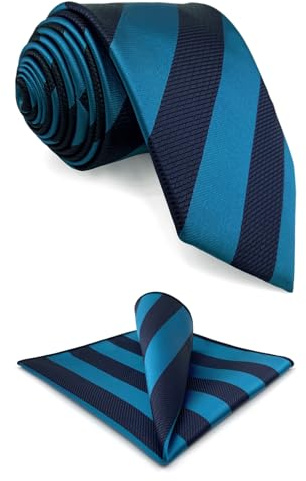 S&W SHLAX&WING Set de Corbata y Pañuelo de Bolsillo Rayado Azul Cerúleo Oscuro para Negocios Extra Larga 160cm
