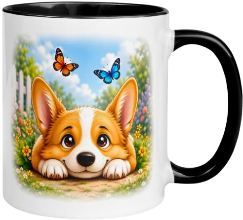 Corgi Tasse | Hund und Schmetterling auf Wiese | Hundemotiv Geschenk Becher