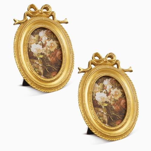 Vicenpal 2 cornici piccole cornici per foto piccole cornici ovali vintage oro vintage barocco ornato antico resina ovale display da tavolo per casa matrimonio