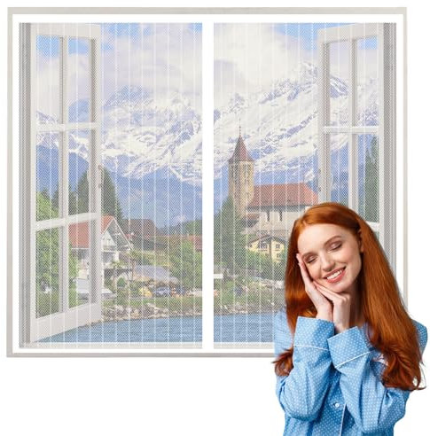 XDMYGTT Magnetic Fly Screen Window Mesh Curtain, Magnetic Fly Screen Door, White Stripes Mesh Window Curtains Window Protector Net Fly Mosquito Insects Screen, Shuts Automatically, 60x50cm