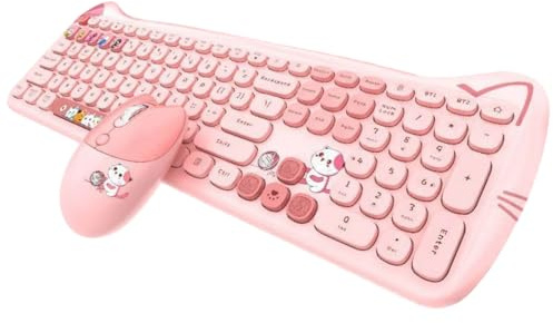 Geezer Combo de teclado y mouse inalámbrico, diseño de gato rosa, 110 teclas, modo 2.4G, compatible con Windows XP/7/8/10/11