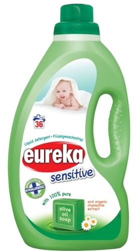 Eureka Flüssigwaschmittel Sensitive- 1,8L | Mit Olivenölseife & Bio-Kamillenextrakt – Sanft & Hypoallergen für empfindliche Haut und Babykleidung, 100 % Natürlich