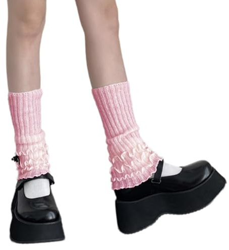 Wdbild Calentadores de piernas, calentadores de piernas de punto acanalado estéticos japoneses con ribete de volantes en capas y detalles de lazos, calcetines elásticos para botas para mujer, rosa