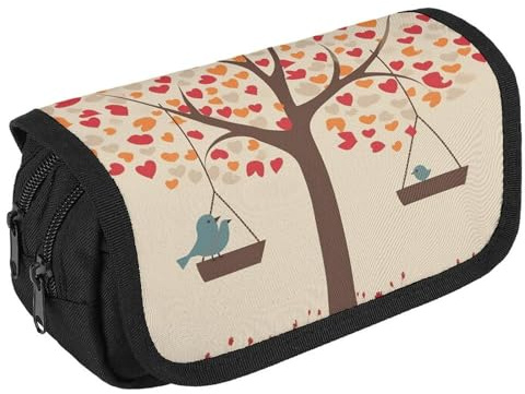TKJMCSW Federmäppchen mit großem Fassungsvermögen, mit Reißverschluss, Baum mit Vögeln auf Schaukel, multifunktionales Federmäppchen mit 3 Fächern, Erwachsenen-Make-up-Tasche für Damen, Herren
