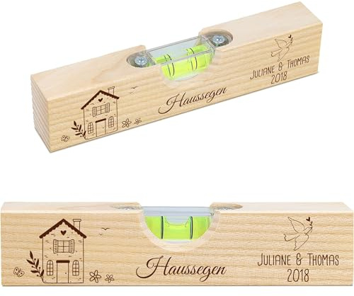 GRAVURZEILE Bedruckte Wasserwaage - Haussegen - Personalisiert mit Namen & Datum - Geschenk zur Hochzeit für das Brautpaar - Buchenholz - 15 cm - Geschenke für Handwerker & Heimwerker
