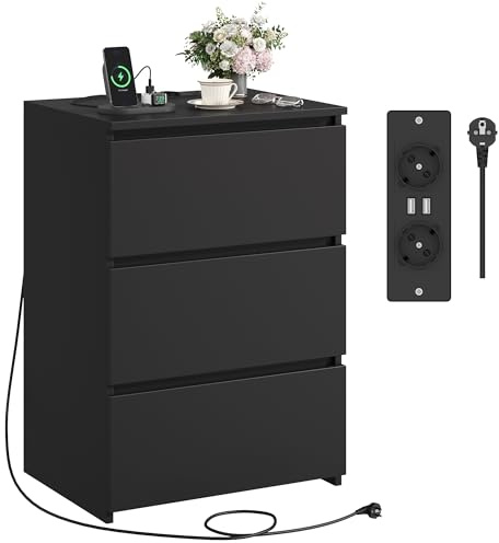 FirFurd Nachttisch mit Steckdosenleiste Nachtschrank 3 Schublade 45x38x66cm | Beistelltisch mit 2 AC-Steckdosen, 2 USB-Anschlüsse, 1,8 m Netzkabel, Nachtkommode für Schlafzimmer Wohnzimmer Büro, schwarz