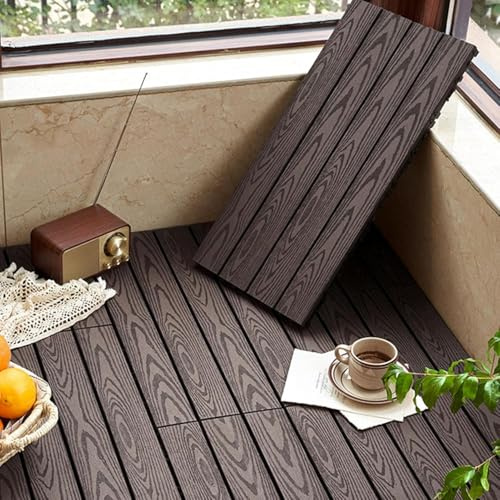 Terrassenfliesen aus Verbundholz | 24x12in | Zuschneidbare, ineinandergreifende Drainage-Terrassendielen for Gärten und Terrassen, rechteckige Terrassendielen aus Kunststoff und Holz(Dark Coffee)