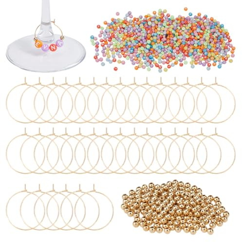 CRAFTYMELODY Wine Glass Charms Making Kit 1100Pcs Opaque Acrylic Letter Beads 100Pcs Iron Hoop Findings 200Pcs Plastic Round Beads Wine Glass Markers for Party Bridal Drinking Tags Craft Supplies