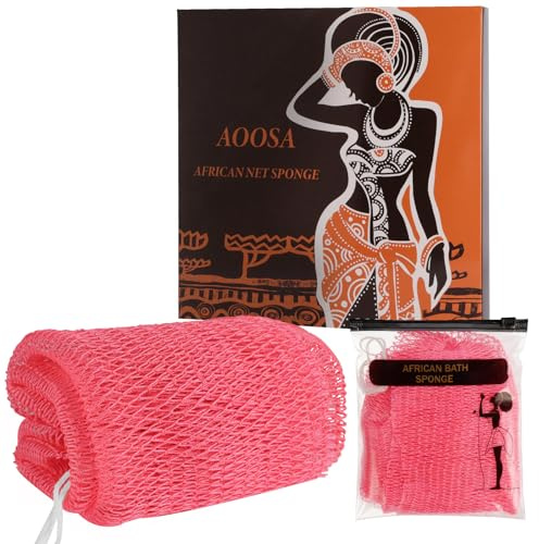 AOOSA Exfoliante Esponjas Africanas, Esponja de Red Africana con Cordón | Esponja de Baño Larga de Secado Rápido, Mucha Burbuja, Red de Nailon Africano para el Baño y La Exfoliación Diarios(Rosa)
