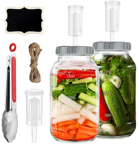 BUERPINKING Bocal De Fermentation, 2 Pots Pot Cornichon de 2 L Bocaux Fermentation, Bocal en Verre avec pour choucroute, Kimchi, Confiture et cornichons