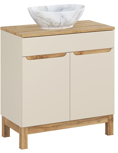 Lomadox Badezimmer Waschtisch 80 cm in Kaschmir und Eiche mit Aufsatzwaschbecken, stehend, modern, grfflos