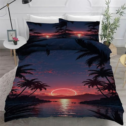 Date Palm Single Duvet Cover Coconut Tree Bedding Soft Cosy 3 Piece 110gsm Microfibre Quilt Cover and 2xPillow Case 50x75 cm with Zipper Closure for BedroomZ1413