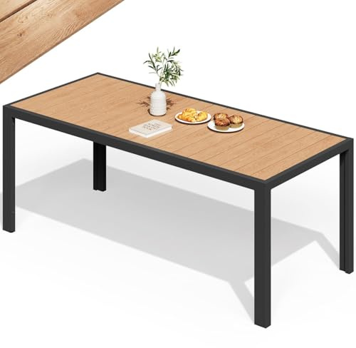 TRIUMPHKEY Gartentisch mit Aluminiumrahmen, 189x80cm PS Balkontisch Wetterfestfür 6-8 Personen, Rechteckiger Terrassentisch, Campingtisch, Hitze- und Wetterbeständig, Teakfarbe