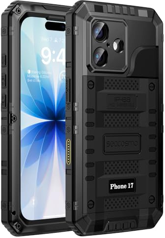seacosmo iPhone 17 skal, IP68 vattentätt, militärklass stötsäkert mobilskal med inbyggt skärmskydd och kameraskydd, 360° fullt skydd metallskal för iPhone 17, svart