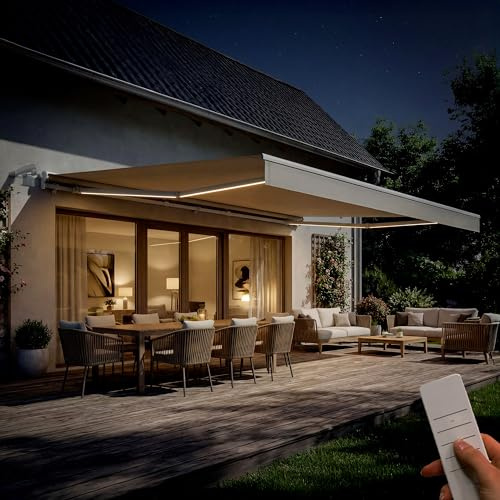CAZEBOO Store Banne Beige Motorisé FAZZIO 495 x 300 cm - 5 x 3 m - 15 m² Aluminium LED Intégrées Protection Terrasse Balcon Électrique Confort Automatique Capteur Vent Toile 320 g/m² Moteur IP55