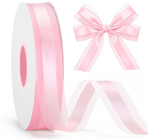 G2PLUS 25mm Hellrosa Organzaband: 50 Yards Geschenkband Transparent, Chiffonbänder Schleifenband zum Basteln, Hochzeitsdeko, Geschenke und Weihnachtsbaum