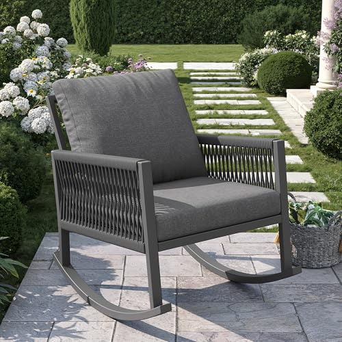 Merax Schaukelstuhl, Garten-Schaukelsessel, Relaxsessel, Outdoor Relax-Schaukelstuhl mit wetterfester Metallrahmen, dickem Kissen, Handgewebtes Design, für Poolside, Balkon, Terrasse, Hinterhof, Grau