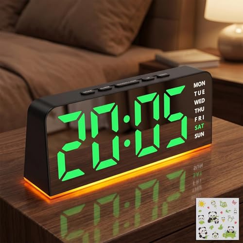 Sveglia digitale LED con luce, temperatura, giorno e mese, formato 12/24 h, luminosità regolabile, orologio digitale da comodino e scrivania, nero verde con sticker panda