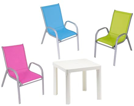 Hline Kinder Garten Sitzgruppe Tisch mit Stühlen Gartenstuhl Sessel (1 Tisch 3 Stühle Metall bunt)