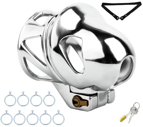 Cage de Chasteté en Métal pour Pénis Sex Toys Homme Chastity Cage avec Serrure Cachée et 9 Anneaux pour le Gland Cages Chastetée en Acier Inoxydable avec Ceinture pour Bondage le Pénis (A-Belt)