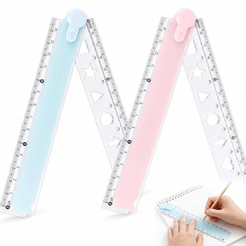 BOHUIMYI 2 Pack Plastic Folding Rulers, 30cm/12 Inch Transparent Geometric Straight Rulers, Foldable to 15cm/6 Inch, Pink & Blue for Office School Home Drawing Measuring