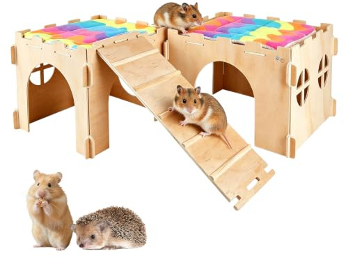 Maison pour cochon d'Inde : cachette en bois pour cochon d'Inde, maison pour hamster avec rampe, niche à lapin pour petits animaux, cachettes amovibles pour petits animaux de compagnie, lapins