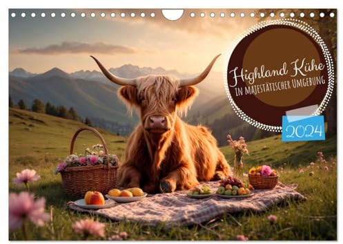 Highland Kühe (Wandkalender 2024 DIN A4 quer), CALVENDO Monatskalender: Highland Kühe in verschiedenen Landschaften und anmutigen Sonnenuntergängen (CALVENDO Tiere)
