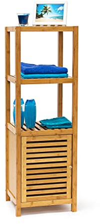 Relaxdays Badregal Bambus mit 4 Ablageflächen HxBxT 110x36,5x33 cm praktisches Holzregal mit mehreren Ebenen und Schrankteil mit magnetischem Verschluss mit Stauraum für Bad und Wohnzimmer, natur