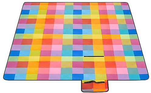 SONGMICS Picknickdecke,195 x 150 cm, groß, Campingdecke, für Park, Garten, Strand, wasserdicht, maschinenwaschbar, faltbar, bunte Quadrate GCM61C