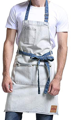 VANTOO Kochschürze mit Taschen und verstellbarem Nackenband, Denim-Küchenschürze für Männer und Frauen dunkelblau
