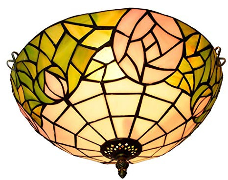 errzom Vintage Tiffany Style Ceiling Lamp Pink Rose Stained Glass Shade Balcony Aisle Lights with Wrought Iron Sucker for Study Bedroom,E27,(30cm*16cm)