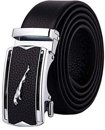 Ceinture Homme, Jaguar Ceinture Homme en Cuir Véritable Noir, Réglable à Cliquet Ceinture Automatique Hommes Boucle Largeur 35mm Cadeau Box,Taille Ajustable (Argent)