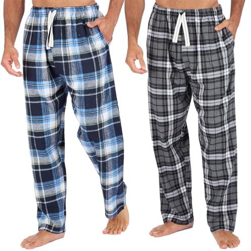 Mens Pyjamas Lounge Pants Cotton Flannel Bottoms Trouser Nightwear PJs Sleepwear (2 Pack, Royal, Navy-Grey, L)