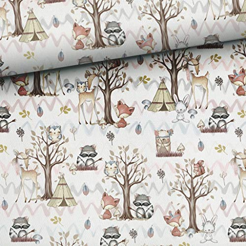 je 50cm Baumwollstoff Baby Waldtiere in Meterware - Babystoffe & Kinderstoffe aus 100% Baumwolle - Stoffe zum Nähen für Kinder - Tiere Motivstoffe Fuchs Reh Hase Eule - Premium Stoff Waldfreunde