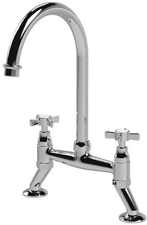 Balterley Kitchen Tap with Dual Crosshead Handles, Bridge Kitchen Mixer Tap, Chrome Bridge Mixer Taps for Sink, Round Base with Curved Spout Taps for Sink - 235 x 200 x 510mm (Chrome)