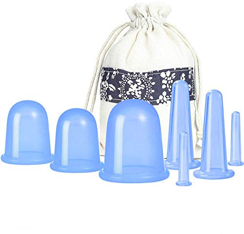 Set di 7 coppettazioni in silicone, per massaggio viso e corpo, con sacchetto di immagazzinaggio per muscoli, nervi, dolori articolari e massaggi blaster cellulite, blu