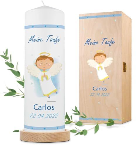 GRAVURZEILE Candela per battesimo a forma di angelo con nome, data e battesimo, di alta qualità, 250/80 mm, stampa brillante, regalo di battesimo personalizzato per ragazze e ragazzi, colore bianco
