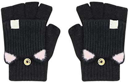 Guanti invernali caldi convertibili a metà dita in peluche foderati a maglia per bambini dai 6 ai 12 anni, Orecchio di gatto-nero, taglia unica