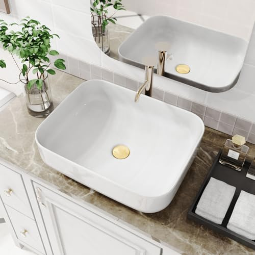 ELLAI Bathroom Vessel Sink Rectangle Above Counter Porcelain Ceramic Top Mount Rectanglar Countertop Sink for Bathroom 19.7x15.2x5.4 Glossy White