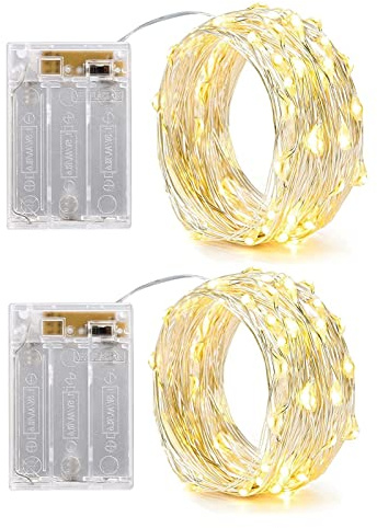 50LED Fairy Light Battery Operated 2PACK LED Lights with Timer Setting Warm White String Lights, 5M Silver Wire Starry Lighting, for Bedroom, Indoor, Christmas Tree, Wedding Decor Idea Put in Jars