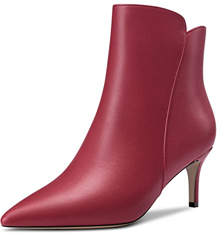 Castamere Mujer Aguja Medio Gatito Heel Puntiaguada Punta Botines Cremallera Slip-on Clásico Dress Oficina 6.5 CM Heels Botas Borgoña Rojo 39 EU