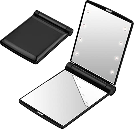Jinlaili Espejo Compacto Plegable con Luz LED Dual - Portátil para Maquillaje - Ideal para Escritorios, Tocadores y Viajes (Negro)