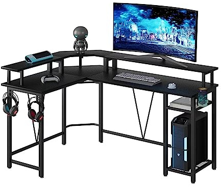 TREETALK Escritorio para computadora, escritorio para juegos en forma de L con soporte para monitor extragrande, escritorio de esquina con ganchos de almacenamiento de 2 capas y soporte para tazas