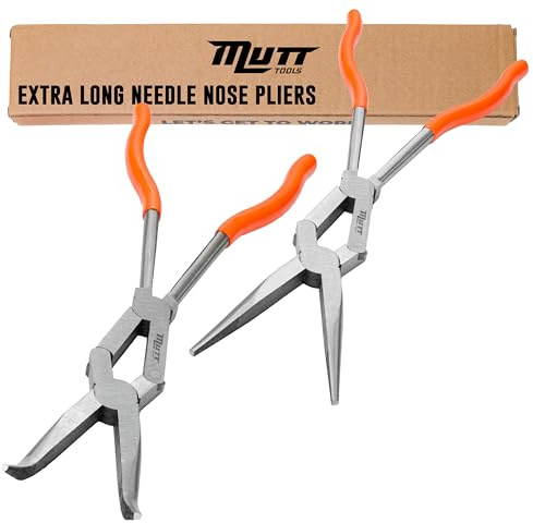 Mutt Tools 2pc 13 Extra Long Pliers Set – Needle Nose & 45° Bent Nose Pliers – Double Jointed Tools for Tight Spaces – Ideal for Automotive & Electrical Work