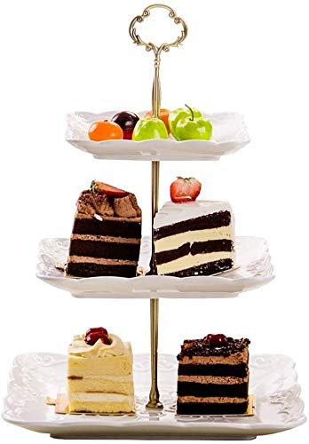 Supporto per Dolci Alzata for Cupcake Quadrata a 3 Livelli in Ceramica Frutta Caramelle Dessert espositore for Biscotti for Cucina di Nozze Decorazione for Feste, Bianco (Color : Gold)